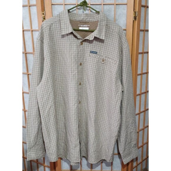 Columbia Omni-Shade Green/Tan Plaid Long Sleeve Outdoors Fishing Shirt Men’s XL - Picture 2 of 15